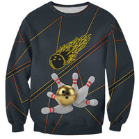 Custom Golden Bowling Shirts For Men, Flame Bowling Sweatshirt with Flaming Bowling Ball Striking Pins And Geometric Line Pattern - Wonder Print Shop