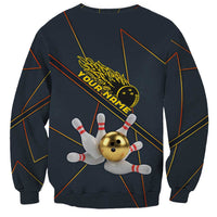 Custom Golden Bowling Shirts For Men, Flame Bowling Sweatshirt with Flaming Bowling Ball Striking Pins And Geometric Line Pattern - Wonder Print Shop