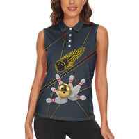 Custom Golden Bowling Shirts For Men, Flame Bowling Women Sleeveless Polo Shirt with Flaming Bowling Ball Striking Pins And Geometric Line Pattern - Wonder Print Shop