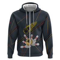 Custom Golden Bowling Shirts For Men, Flame Bowling Zip Hoodie with Flaming Bowling Ball Striking Pins And Geometric Line Pattern - Wonder Print Shop