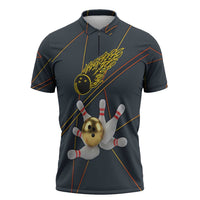 Custom Golden Bowling Shirts For Men, Flame Bowling Zipper Polo Shirt with Flaming Bowling Ball Striking Pins And Geometric Line Pattern - Wonder Print Shop