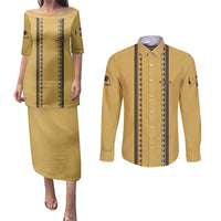 Custom Retro Bowling Couples Matching Puletasi and Long Sleeve Button Shirt with Diamond Stripe Pattern North Bowl Logo - Wonder Print Shop