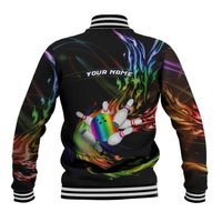 Custom Bowling Quarter Rainbow fFame Bowling Ball Baseball Jacket with Colorful Flaming Strike Design Rainbow Ball - Wonder Print Shop