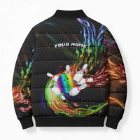 Custom Bowling Quarter Rainbow fFame Bowling Ball Bomber Puffer Jacket with Colorful Flaming Strike Design Rainbow Ball - Wonder Print Shop