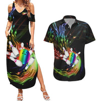 Custom Bowling Quarter Rainbow fFame Bowling Ball Couples Matching Summer Maxi Dress and Hawaiian Shirt with Colorful Flaming Strike Design Rainbow Ball - Wonder Print Shop