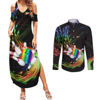 Custom Bowling Quarter Rainbow fFame Bowling Ball Couples Matching Summer Maxi Dress and Long Sleeve Button Shirt with Colorful Flaming Strike Design Rainbow Ball - Wonder Print Shop