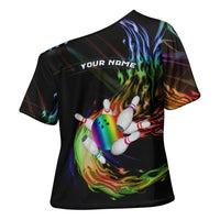 Custom Bowling Quarter Rainbow fFame Bowling Ball Cross Shoulder Shirt with Colorful Flaming Strike Design Rainbow Ball - Wonder Print Shop