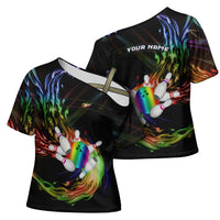 Custom Bowling Quarter Rainbow fFame Bowling Ball Cross Shoulder Shirt with Colorful Flaming Strike Design Rainbow Ball - Wonder Print Shop