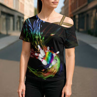 Custom Bowling Quarter Rainbow fFame Bowling Ball Cross Shoulder Shirt with Colorful Flaming Strike Design Rainbow Ball - Wonder Print Shop