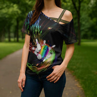 Custom Bowling Quarter Rainbow fFame Bowling Ball Cross Shoulder Shirt with Colorful Flaming Strike Design Rainbow Ball - Wonder Print Shop