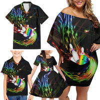 Custom Bowling Quarter Rainbow fFame Bowling Ball Family Matching Off Shoulder Short Dress and Hawaiian Shirt with Colorful Flaming Strike Design Rainbow Ball - Wonder Print Shop