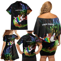 Custom Bowling Quarter Rainbow fFame Bowling Ball Family Matching Off Shoulder Short Dress and Hawaiian Shirt with Colorful Flaming Strike Design Rainbow Ball - Wonder Print Shop