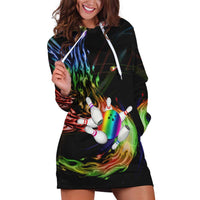 Custom Bowling Quarter Rainbow fFame Bowling Ball Hoodie Dress with Colorful Flaming Strike Design Rainbow Ball - Wonder Print Shop