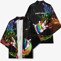 Custom Bowling Quarter Rainbow fFame Bowling Ball Kimono with Colorful Flaming Strike Design Rainbow Ball - Wonder Print Shop