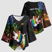 Custom Bowling Quarter Rainbow fFame Bowling Ball Kimono Sleeve Blouse with Colorful Flaming Strike Design Rainbow Ball - Wonder Print Shop