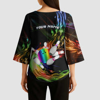 Custom Bowling Quarter Rainbow fFame Bowling Ball Kimono Sleeve Blouse with Colorful Flaming Strike Design Rainbow Ball - Wonder Print Shop