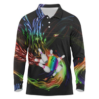 Custom Bowling Quarter Rainbow fFame Bowling Ball Long Sleeve Polo Shirt with Colorful Flaming Strike Design Rainbow Ball - Wonder Print Shop