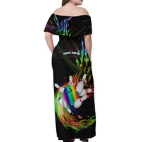 Custom Bowling Quarter Rainbow fFame Bowling Ball Off Shoulder Maxi Dress with Colorful Flaming Strike Design Rainbow Ball - Wonder Print Shop