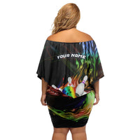 Custom Bowling Quarter Rainbow fFame Bowling Ball Off Shoulder Short Dress with Colorful Flaming Strike Design Rainbow Ball - Wonder Print Shop