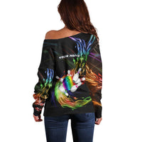 Custom Bowling Quarter Rainbow fFame Bowling Ball Off Shoulder Sweater with Colorful Flaming Strike Design Rainbow Ball - Wonder Print Shop
