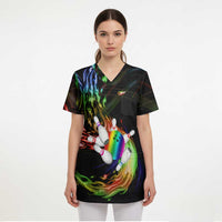 Custom Bowling Quarter Rainbow fFame Bowling Ball Scrub Top with Colorful Flaming Strike Design Rainbow Ball - Wonder Print Shop