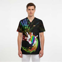 Custom Bowling Quarter Rainbow fFame Bowling Ball Scrub Top with Colorful Flaming Strike Design Rainbow Ball - Wonder Print Shop