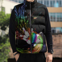 Custom Bowling Quarter Rainbow fFame Bowling Ball Sleeveless Puffer Jacket with Colorful Flaming Strike Design Rainbow Ball - Wonder Print Shop