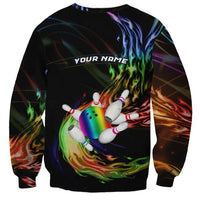 Custom Bowling Quarter Rainbow fFame Bowling Ball Sweatshirt with Colorful Flaming Strike Design Rainbow Ball - Wonder Print Shop
