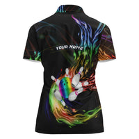 Custom Bowling Quarter Rainbow fFame Bowling Ball Women Polo Shirt with Colorful Flaming Strike Design Rainbow Ball - Wonder Print Shop