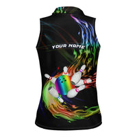 Custom Bowling Quarter Rainbow fFame Bowling Ball Women Sleeveless Polo Shirt with Colorful Flaming Strike Design Rainbow Ball - Wonder Print Shop
