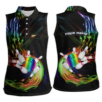 Custom Bowling Quarter Rainbow fFame Bowling Ball Women Sleeveless Polo Shirt with Colorful Flaming Strike Design Rainbow Ball - Wonder Print Shop