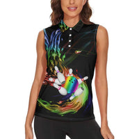 Custom Bowling Quarter Rainbow fFame Bowling Ball Women Sleeveless Polo Shirt with Colorful Flaming Strike Design Rainbow Ball - Wonder Print Shop
