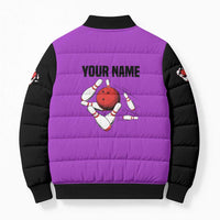 Personalized Purple Black Retro Bowling Bomber Puffer Jacket with Cartoon Strike - Wonder Print Shop