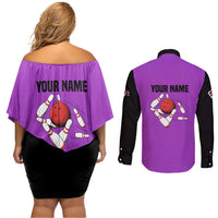 Personalized Purple Black Retro Bowling Couples Matching Off Shoulder Short Dress and Long Sleeve Button Shirt with Cartoon Strike - Wonder Print Shop