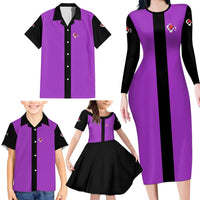 Personalized Purple Black Retro Bowling Family Matching Long Sleeve Bodycon Dress and Hawaiian Shirt with Cartoon Strike - Wonder Print Shop