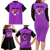 Personalized Purple Black Retro Bowling Family Matching Long Sleeve Bodycon Dress and Hawaiian Shirt with Cartoon Strike - Wonder Print Shop
