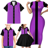 Personalized Purple Black Retro Bowling Family Matching Short Sleeve Bodycon Dress and Hawaiian Shirt with Cartoon Strike - Wonder Print Shop