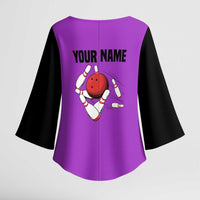 Personalized Purple Black Retro Bowling Kimono Sleeve Blouse with Cartoon Strike - Wonder Print Shop