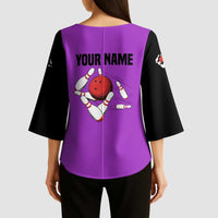 Personalized Purple Black Retro Bowling Kimono Sleeve Blouse with Cartoon Strike - Wonder Print Shop