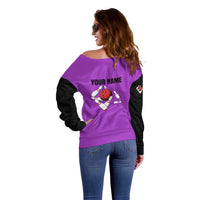 Personalized Purple Black Retro Bowling Off Shoulder Sweater with Cartoon Strike - Wonder Print Shop