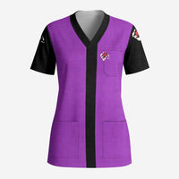 Personalized Purple Black Retro Bowling Scrub Top with Cartoon Strike - undefined