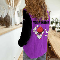 Personalized Purple Black Retro Bowling Women Casual Shirt with Cartoon Strike - Wonder Print Shop