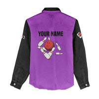 Personalized Purple Black Retro Bowling Women Casual Shirt with Cartoon Strike - Wonder Print Shop