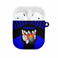 Custom Blue and Black Bowling AirPods Case with Exploding Strike Design Pin Graphics - Wonder Print Shop
