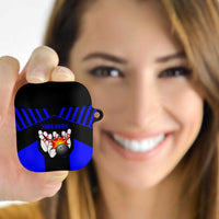 Custom Blue and Black Bowling AirPods Case with Exploding Strike Design Pin Graphics - Wonder Print Shop