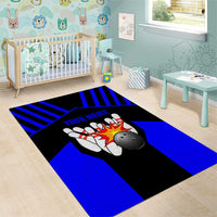 Custom Blue and Black Bowling Area Rug with Exploding Strike Design Pin Graphics - Wonder Print Shop