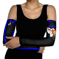 Custom Blue and Black Bowling Arm Sleeves with Exploding Strike Design Pin Graphics - Wonder Print Shop
