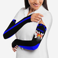 Custom Blue and Black Bowling Arm Sleeves with Exploding Strike Design Pin Graphics - Wonder Print Shop