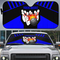 Custom Blue and Black Bowling Auto Sun Shade with Exploding Strike Design Pin Graphics - Wonder Print Shop