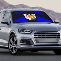 Custom Blue and Black Bowling Auto Sun Shade with Exploding Strike Design Pin Graphics - Wonder Print Shop